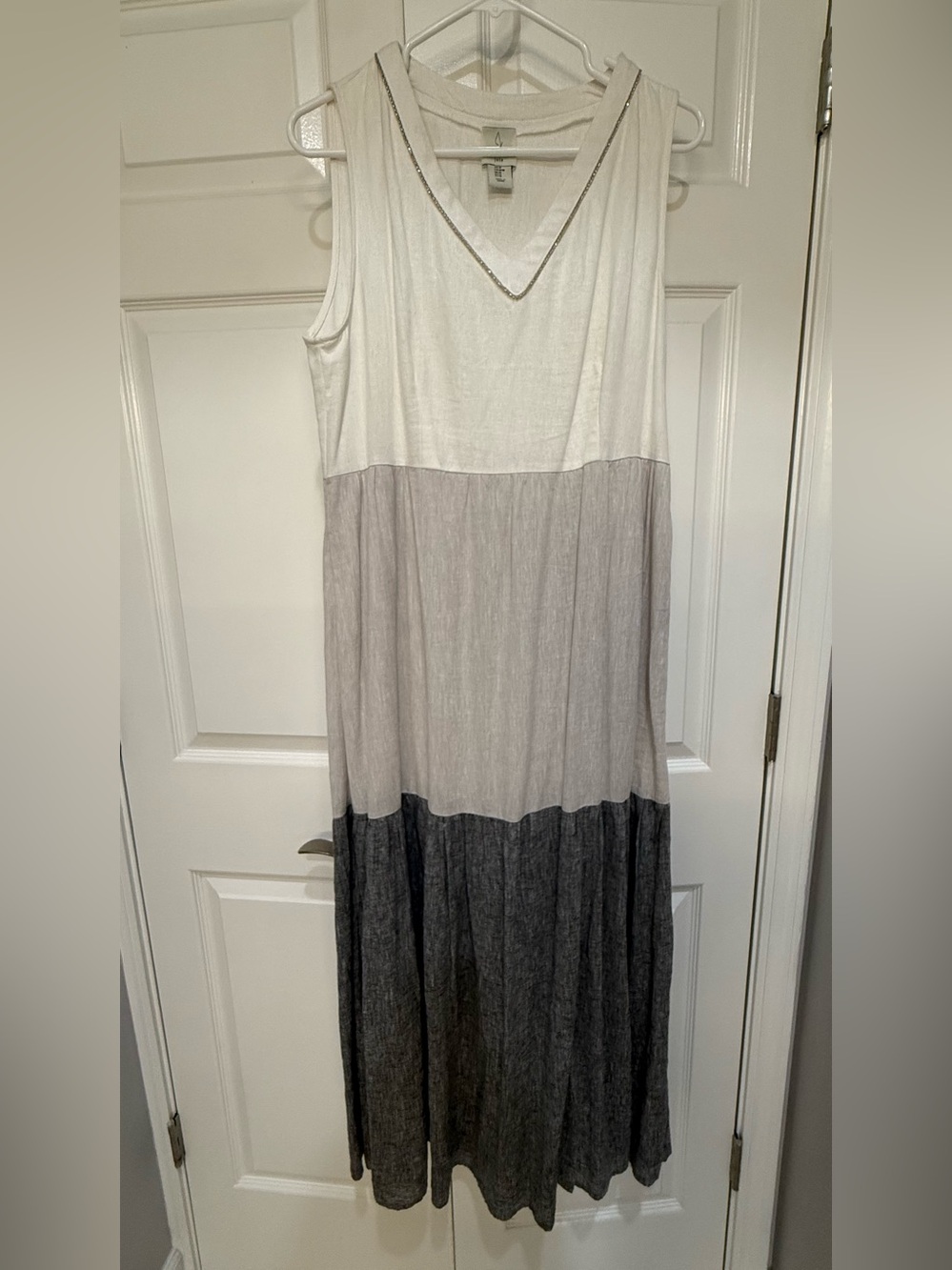 Joie Sleeveless V-Neck Maxi Dress in White, Light Gray & Dark Gray